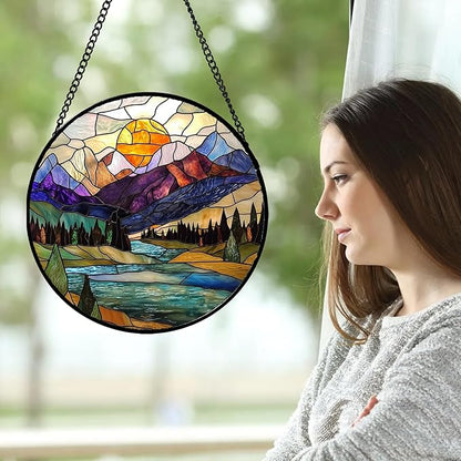 Stained Glass Window Hanging, Mountains River Trees Abstract Sunset Landscape Suncatcher for Doors Window Home Sun Catchers Decor Mother's Day Birthday Gifts for Women Men Mom 9.8 in