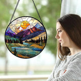 Stained Glass Window Hanging, Blue Lake Golden Sun Abstract Mountains Landscape Suncatcher for Doors Window Home Sun Catchers Decor Mother's Day Birthday Gifts for Women Men Mom 11.8 in
