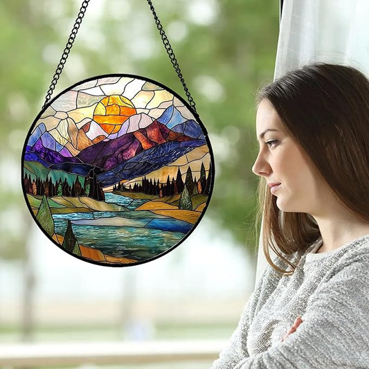 Stained Glass Window Hanging, Blue Lake Golden Sun Abstract Mountains Landscape Suncatcher for Doors Window Home Sun Catchers Decor Mother's Day Birthday Gifts for Women Men Mom 11.8 in
