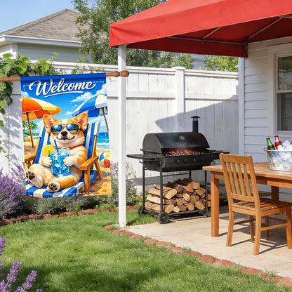 Nuxovilar Large Summer Garden Flag Welcome Dog Sunglasses Beach Chair Pattern Polyester 28 * 40 Inches Garden Flags for Outside Coastal Decor Yard Porch Patio