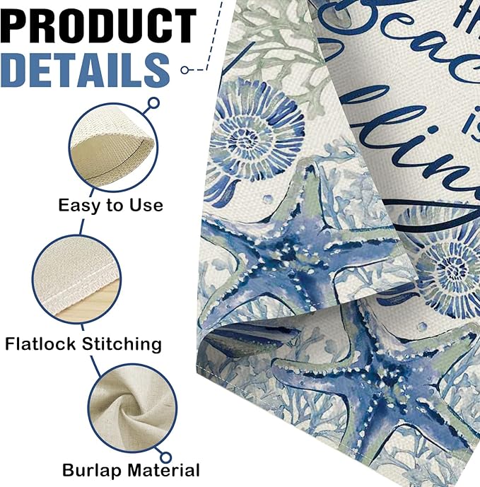 Dyrenson Spring Summer The Beach is Calling Decorative Garden Flag, Coastal Conch Starfish Coral Pearl Yard Outside Home Decorations, Nautical Seasonal Burlap Outdoor Small Decor Double Sided 12 x 18