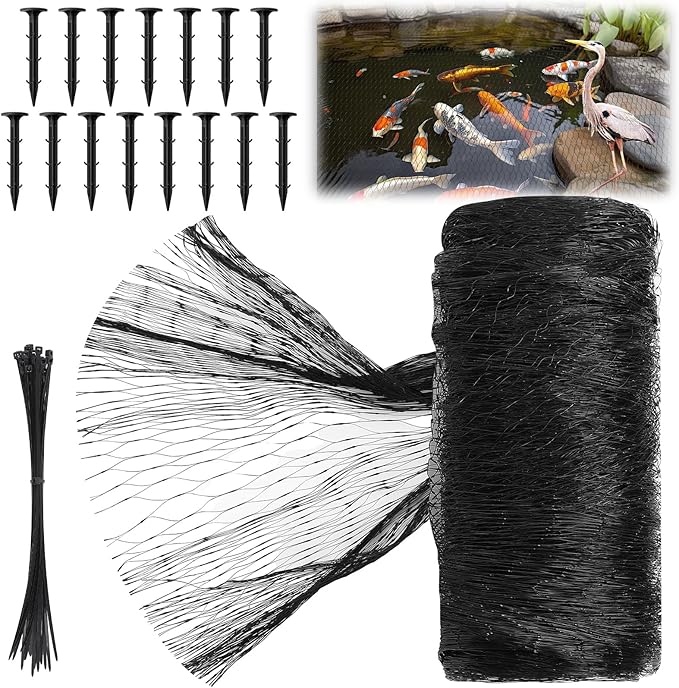 Koi Pond Netting Kit 14 x 14ft, Bird Deer Fence Netting, Durable Net Cover for Leaves, Heavy Duty Fine Mesh, Protect Fish from Blue Heron Birds, Cats & Predators, 15pcs Stakes & Ties Included