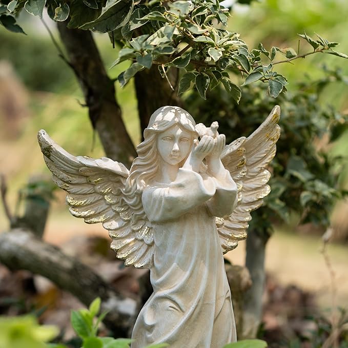 Angel Garden Statue, 16.1 inch Decorative Figurine, White Indoor Outdoor Decor for Patio, Lawn, Cemetery