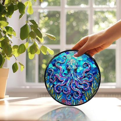 Ocean Beach Octopus Suncatchers Stained Glass Window Hanging, Octopus Decor Sun Catchers Indoor Window Glass Round Wall Decor, Coastal Beachy Wall Hanging Decorations, 7.9x7.9in
