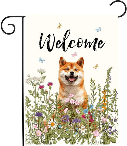 Spring Summer Garden Flag Floral Shiba Inu Yard Flag Flower Dog Garden Flags for Outside Small Outdoor Welcome Flags 12x18 Double Sided