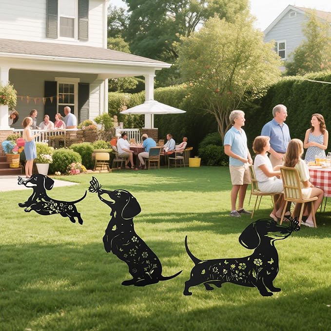 Romart Dachshund Decorative Garden Stakes, 3 Pcs Wiener Dog Gifts Metal Garden Stakes for Women Men, Dachshund Butterfly Flower Outdoor Yard Art Lawn Decor