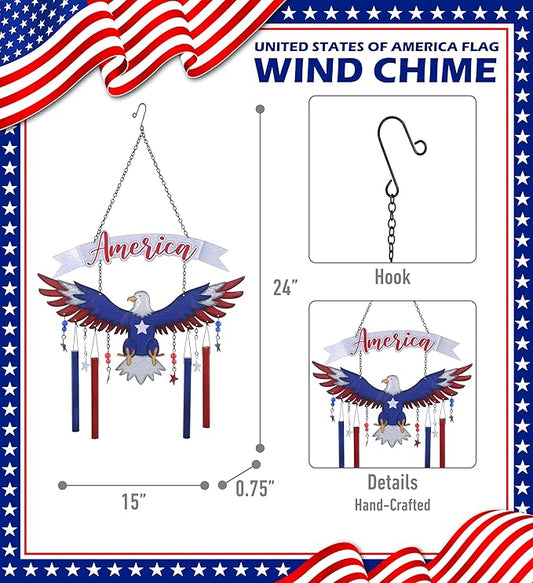 CoTa Global American Eagle Wind Chime - American Eagle Patriotic Indoor or Outdoor Windchime Home Decor with Hanging Bells, Handcrafted Glass and Metal Wind Chimes for Yard, Garden, Porch - 24 Inches