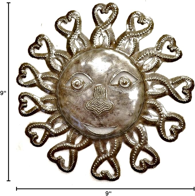 It's Cactus Metal Sun Faces, Handmade Haiti, Recycled Oil Drum Art, Sunny Home Decor (Sun with Hearts)