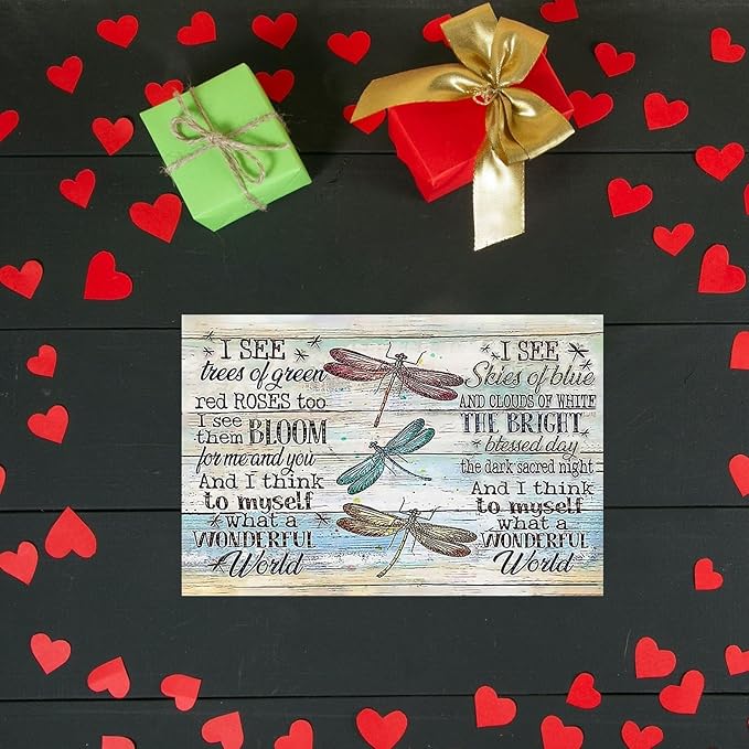 Dragonfly Tin Sign Metal Poster Vintage, What a Wonderful World, Wall Art Decor Gifts for Home Bar Kitchen Restaurant Bedroom Garden Plaque 8x12 Inch