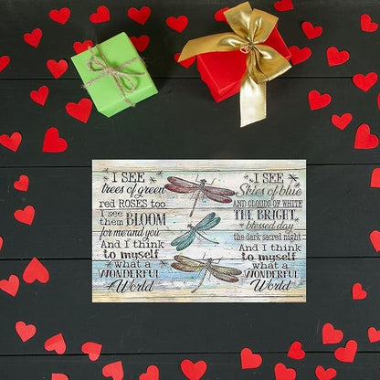Dragonfly Tin Sign Metal Poster Vintage, What a Wonderful World, Wall Art Decor Gifts for Home Bar Kitchen Restaurant Bedroom Garden Plaque 8x12 Inch