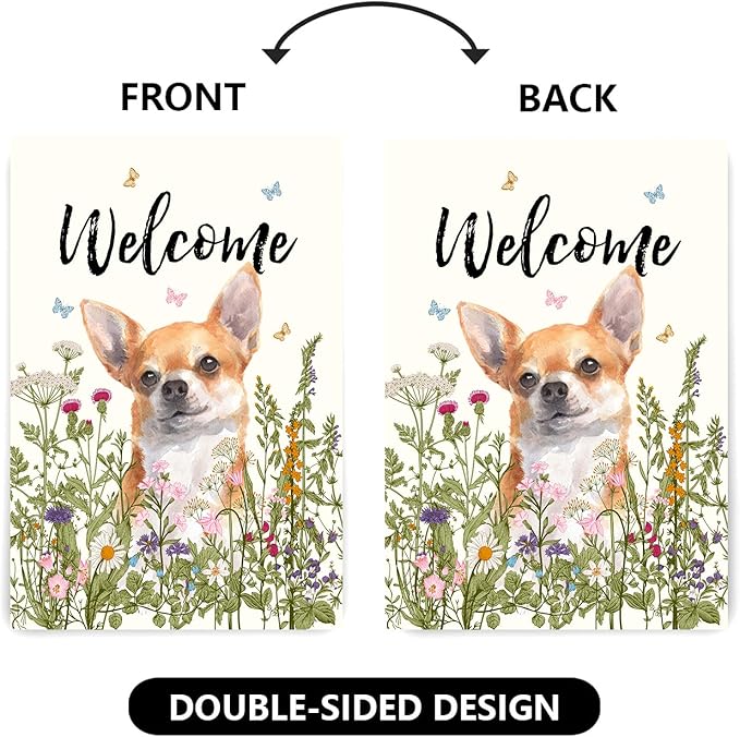 Floral Chihuahua Garden Flag Spring Summer House Flags 28 x 40 Double Sided Flower Dog Yard Flags for Outside Large Outdoor Welcome Flags