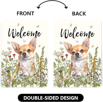Floral Chihuahua Garden Flag Spring Summer House Flags 28 x 40 Double Sided Flower Dog Yard Flags for Outside Large Outdoor Welcome Flags