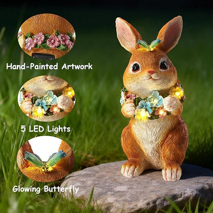 Solar Garden Statues Outdoor Bunny Decorations with Butterfly & Flowers for Mom, Grandma Spring Decor with 6 LED Night Accent Lights for Patio, Yard & Lawn, Christmas Day Figurine