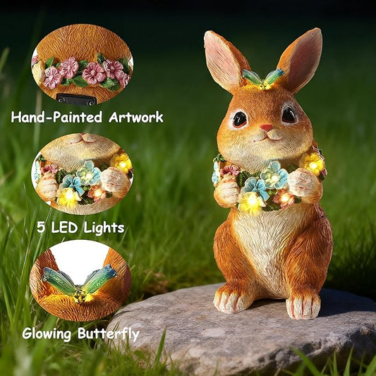 Solar Garden Statues Outdoor Bunny Decorations with Butterfly & Flowers for Mom, Grandma Spring Decor with 6 LED Night Accent Lights for Patio, Yard & Lawn, Christmas Day Figurine