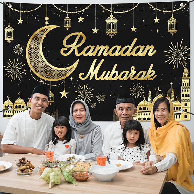 Large Ramadan Banner Decorations Outdoor 72x44 Inch,Eid Ramadan Mubarak Kareem Ramadan Photography Banner for Muslim Indoor Home House Decor Party Supplies,Yard Sign Photography Background Black Gold
