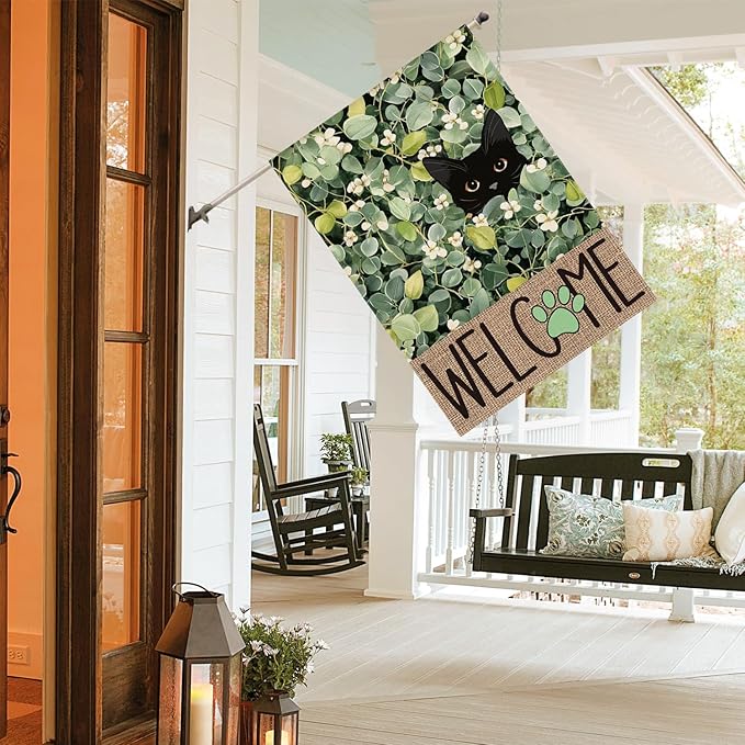 AVOIN colorlife Spring Summer Floral House Flag 28x40 Inch Double Sided Outside, Eucalyptus Black Cat Welcome Seasonal Yard Outdoor Flag
