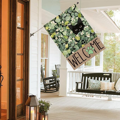 AVOIN colorlife Spring Summer Floral House Flag 28x40 Inch Double Sided Outside, Eucalyptus Black Cat Welcome Seasonal Yard Outdoor Flag