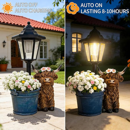 Solar Highland Cow Outdoor Statue, Garden Decor with Flowerpot & Lantern Highland Cow Figurines for Yard Art Lawn Ornaments Porch Patio Balcony - Gifts for Women Mom