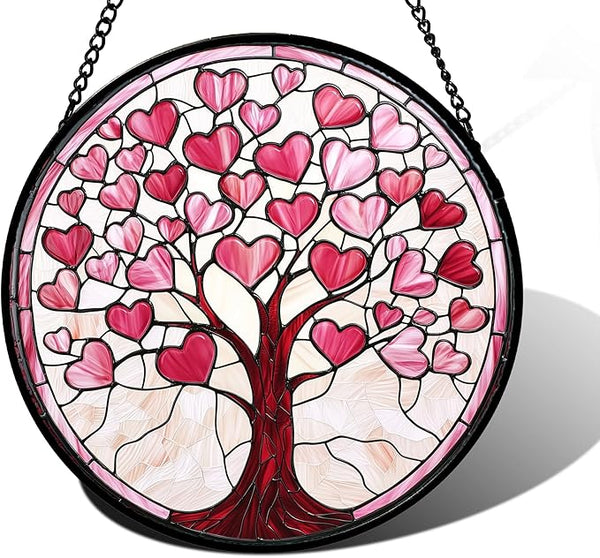 DASTOLL Stained Glass Window Hanging, Pink Love Heart Tree Suncatcher Hangings Beige Sun Catchers Decor for Birthday Holiday for Women, Men, Wife, Aunt, Mom 11.8IN