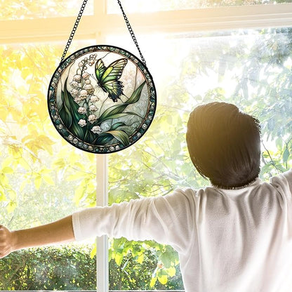 DASTOLL Stained Glass Window Hanging, Lily of the Valley Flower Butterfly Suncatcher for Doors Home Sun Catchers Decoration and Christmas, Mother's Day Birthday Gifts for Women, Men, Mom 6.3 in