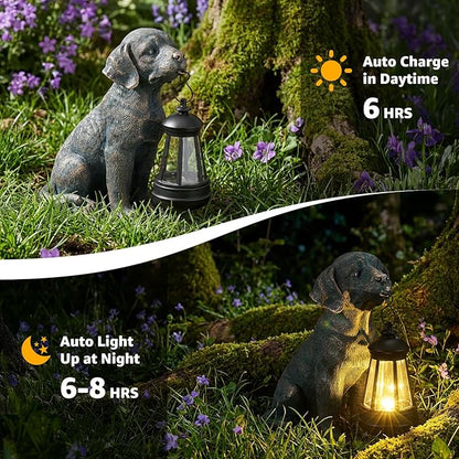 Lyeasw Solar Dog Statues with Lantern – Waterproof Outdoor Dog Figurines for Garden, Yard & Porch, Auto On/Off Solar Light, Birthday Gifts for Mom & Dog Lovers, Dog Memorial Gifts
