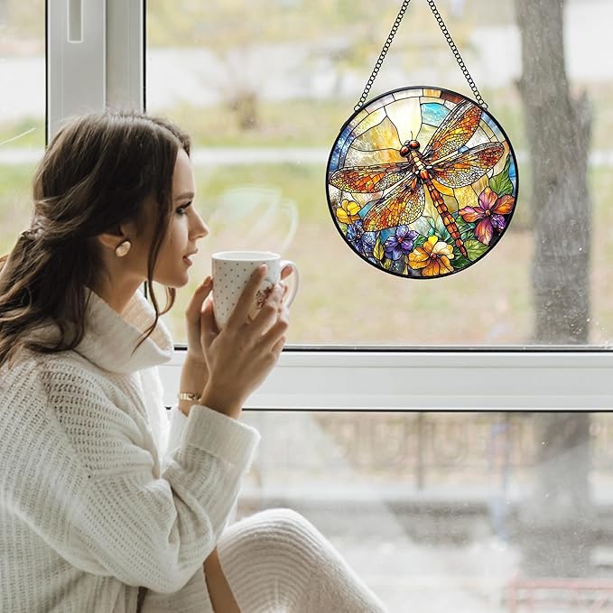 Dragonfly Flower Stained Glass Window Hanging Suncatchers, Dragonfly Sun Catchers Indoor Window Glass Wall Art Decor, Nature Insect Floral Wall Hanging Decorations Sculptures, 7.9x7.9in