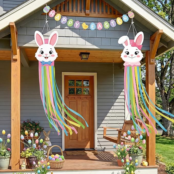2PCS Easter Windsocks Outdoor Decorations Bunny Spring Hanging Floating Face Wind Socks for Yard Garden Porch Patio Decor