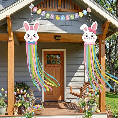 2PCS Easter Windsocks Outdoor Decorations Bunny Spring Hanging Floating Face Wind Socks for Yard Garden Porch Patio Decor