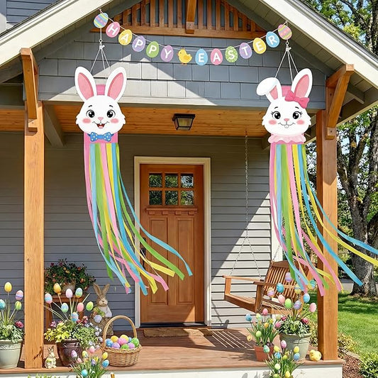 2PCS Easter Windsocks Outdoor Decorations Bunny Spring Hanging Floating Face Wind Socks for Yard Garden Porch Patio Decor