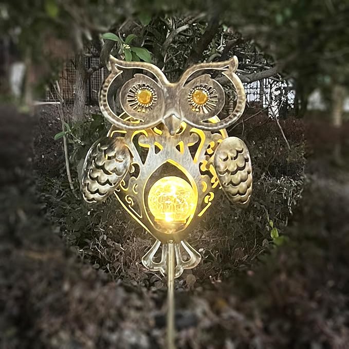 Owl Solar Garden Lights Outdoor, 40.55" Tall Iron Metal Yard Art, Weatherproof Pathway Stakes for Patio Lawn, Unique Owl Statue with Warm LED for Fence Plant Pot Decoration
