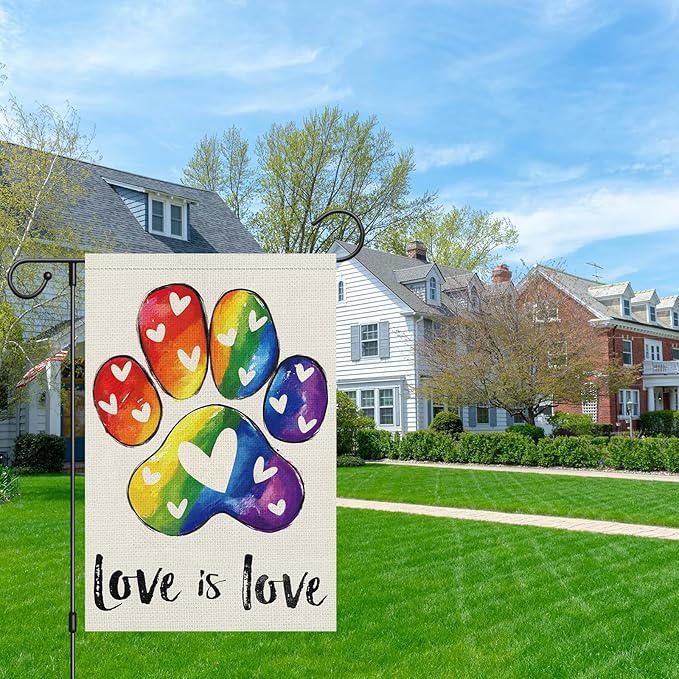 Heyfibro Love is Love Pride Garden Flag 12x18 Double Sided Burlap, Rainbow Footprints Gay Lesbian LGBT Pansexual Yard Banner for Pride Month Outdoor Decoration (ONLY FLAG)