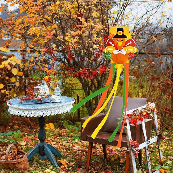 40 Inches Thanksgiving Turkey Windsock Decoration, Fall-Themed Hanging Outdoor Wind Sock Ornament with Football & Maple Leaf and Streamers for Porch, Yard, Garden, Autumn Harvest Decor