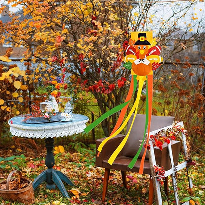 40 Inches Thanksgiving Turkey Windsock Decoration, Fall-Themed Hanging Outdoor Wind Sock Ornament with Football & Maple Leaf and Streamers for Porch, Yard, Garden, Autumn Harvest Decor