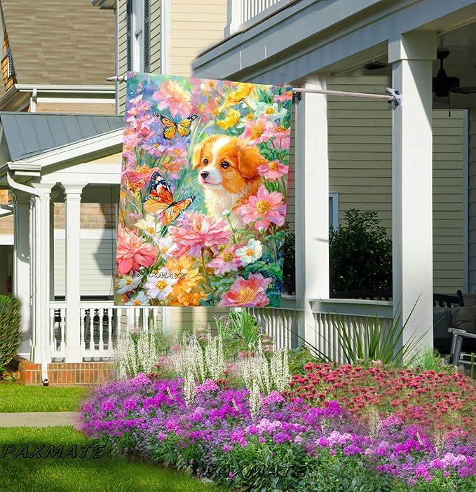 Spring Summer Welcome House Flag 28x40 Inch Double Sided Dog Floral Butterfly Burlap Large Yard Flag Seasonal Farmhouse Outside Outdoor Decoration