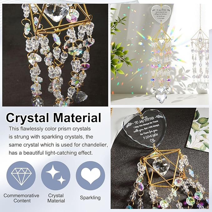 Sisters Gifts from Sister Birthday Gifts for Sister Crystal Suncatchers Window Hanging Wind Chime Garden Rainbow Sun Catchers Indoor Outdoor Decor Handmade Gold Plated Unique Memorial Birthday