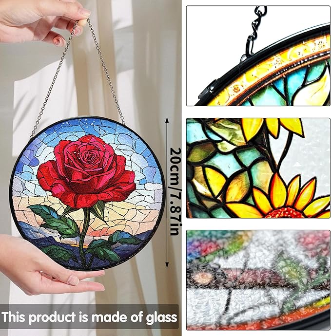Bimkole Rose Stained Glass Suncatcher Window Hanging - Flowers Design for Indoor Window or Doorway Decoration - 7.87x7.87 inch with Chain and Hook - Unique Home Decor Gift