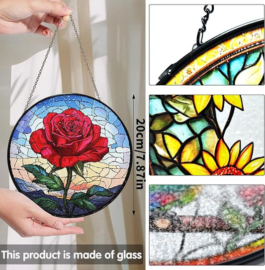 Bimkole Rose Stained Glass Suncatcher Window Hanging - Flowers Design for Indoor Window or Doorway Decoration - 7.87x7.87 inch with Chain and Hook - Unique Home Decor Gift
