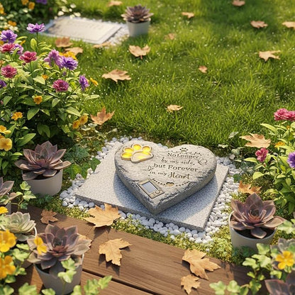 Pet Memorial Stone Solar Lighted Glowing Paw Print Heart Statue with Forever in My Heart Engraved, Pet Headstones for Dogs Cats Waterproof Resin Loss of Dog Sympathy Gift, 10 Inch