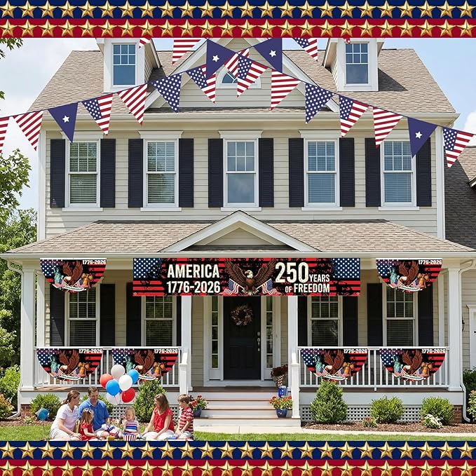 Chumia 5 Pcs 250th Anniversary Decorations Include 1776-2026 Patriotic Outdoor Hanging Bunting Fan Banners American Flag Fence Banner Fourth of July Independence Day Porch Yard Garden Decor