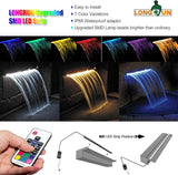 LONGRUN Waterfall Spillway Stainless Steel Pond Waterfalls with Color Changing LED Light, Outdoor Pool Fountain Water Spillway Waterfall Kit for Garden Patio Swimming Pool Koi Ponds Decoration-11.8"