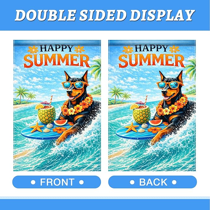 BlissYard Happy Summer Doberman Garden Flag 12x18 Double Sided Vertical Outdoor Decor Surfing Dog Tropical Beach Yard Garden Lawn Patio Banner