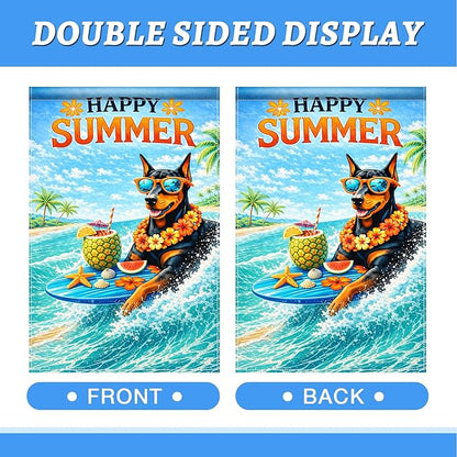 BlissYard Happy Summer Doberman Garden Flag 12x18 Double Sided Vertical Outdoor Decor Surfing Dog Tropical Beach Yard Garden Lawn Patio Banner