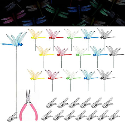 Jongdari 15PCS Luminous Dragonfly Hat Clip Realistic Fake Dragonflies Clip-On Garden Outdoor Decor Stakes, DIY Dragon Fly Clips Plant Decorations for Pots, Includes Pliers & Clips - Small