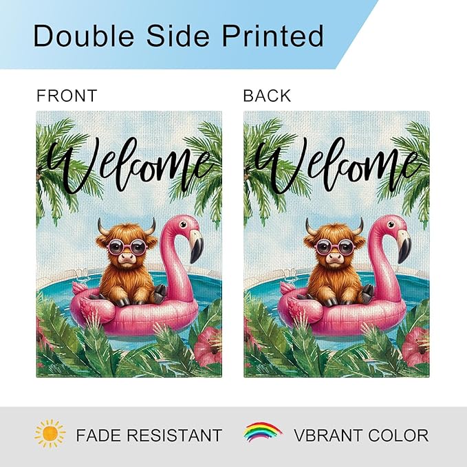 DLZDN Welcome Summer Highland Cow Garden Flag 12×18 Inch Double Side Vertical Burlap Farmhouse Yard Flag Summer Seasonal Outdoor House Decoration