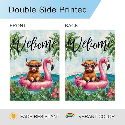 DLZDN Welcome Summer Highland Cow Garden Flag 12×18 Inch Double Side Vertical Burlap Farmhouse Yard Flag Summer Seasonal Outdoor House Decoration