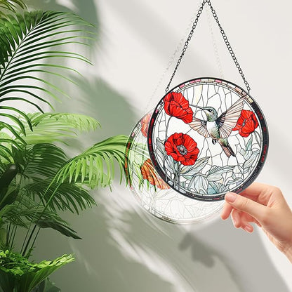 Stained Glass Window Hanging, Hummingbird and Red Flowers Sun Catcher for Door Garden Kitchen Home Decor, Suncatchers for Christmas Mother's Day Birthday Gifts for Bird Lovers Women Men Mom 11.8 in