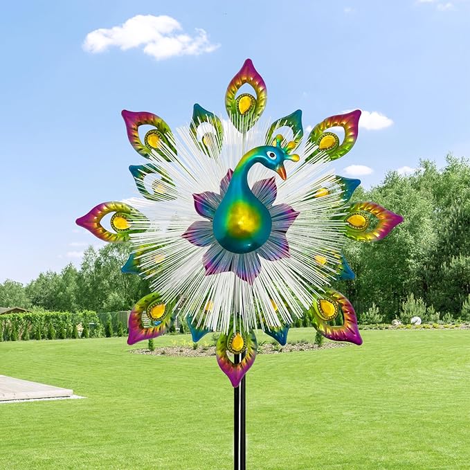 45" Peacock Garden Wind Spinners for Yard and Garden, Solar Metal Clearance Windmill Kinetic Wind Spinner Outdoor Decor, Wind Sculpture Yard Art Decorations for Patio & Lawn