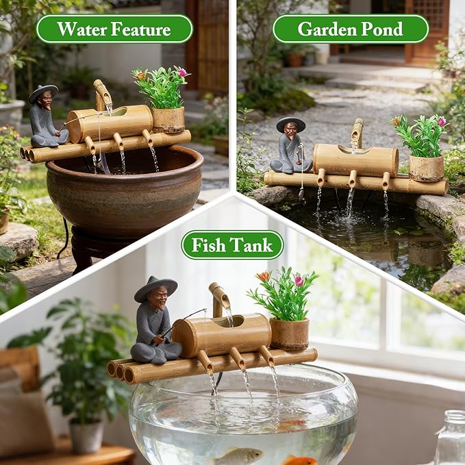 N/A Bamboo Solar Water Fountain Kit, Outdoor Bamboo Water Fountain Solar Powered, Bamboo Fountain Garden Water Feature, Bamboo Zen Fountain with 4 Water Outlets, for Garden Patio Pond,18in