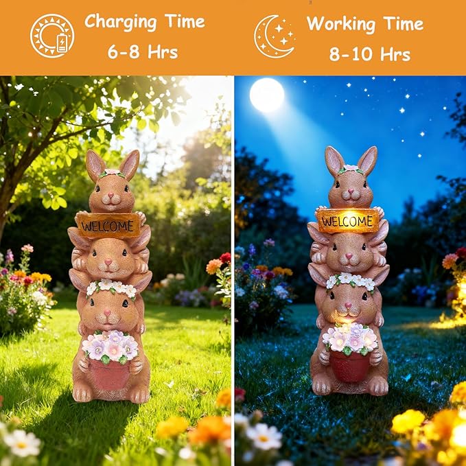 Solar Bunny Statues Outdoor Decor, Garden Sculptures with Welcome Sign Funny Rabbit Figurines for Yard Art Lawn Ornaments Porch Patio Balcony - Birthday Gifts for Women Mom Grandma