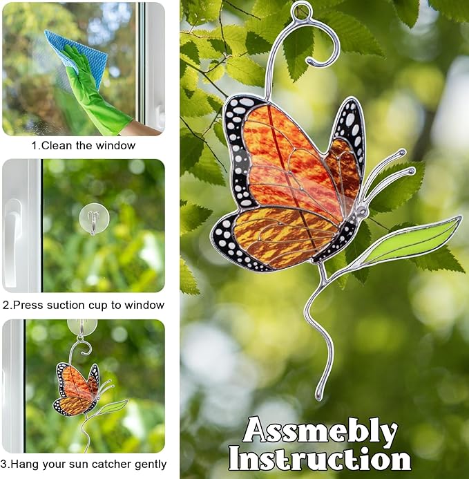 2 PCS Monarch Butterfly Decorations for Windows Hanging & Plant Decorations for Pots, Acrylic Suncatchers Butterfly Garden Yard Sun Catcher for Home Indoor Outdoor Decor- Gifts for Women